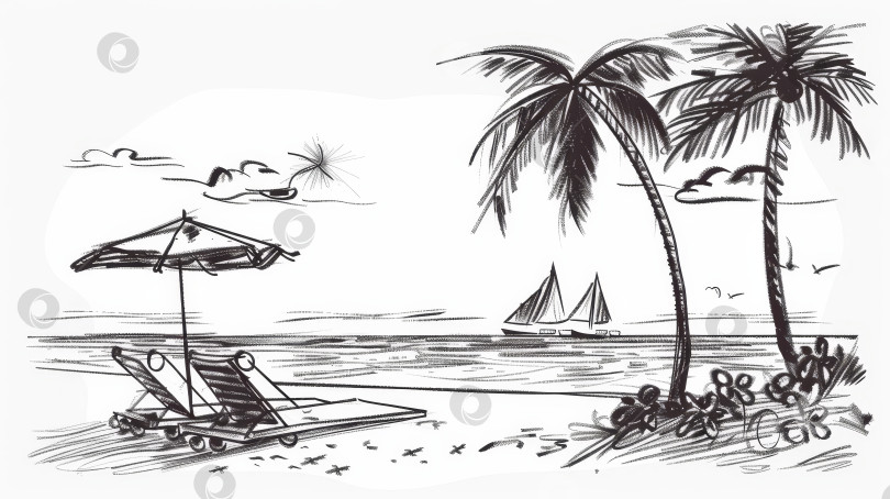 Скачать Пляжная сцена с пальмами и водоемом фотосток Ozero