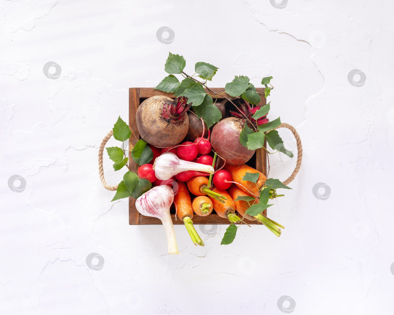 Скачать Коричневая деревянная коробка, полная свежих органических овощей с местного рынка, на белом столе фотосток Ozero
