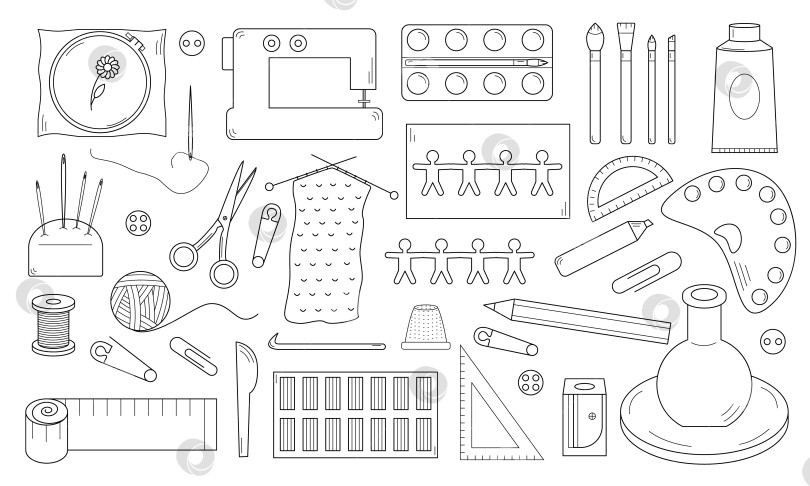 Скачать Нарисованные от руки изображения поделок и хобби. Творческие занятия для развития. Контур. Вектор фотосток Ozero