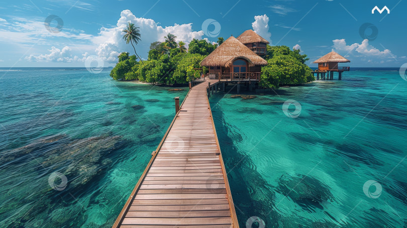 Скачать Прекрасный пляж с деревянной дорожкой, ведущей к небольшому острову фотосток Ozero