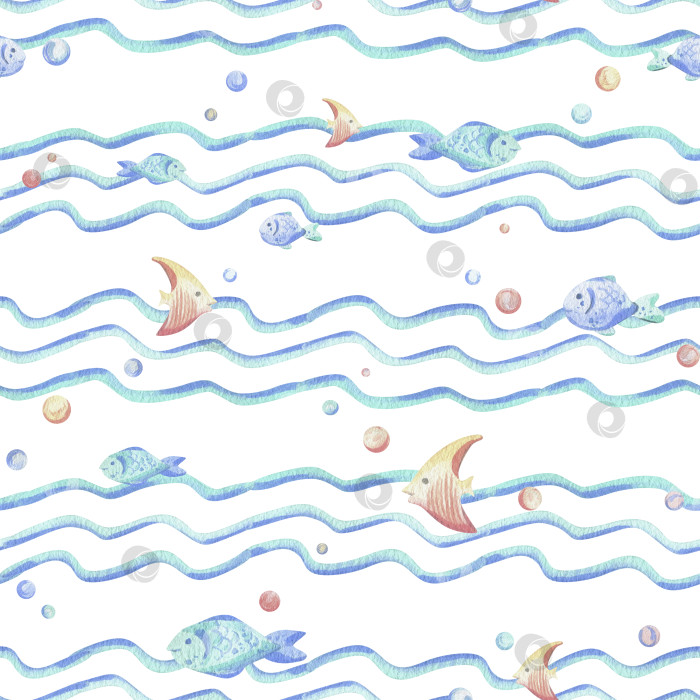 Скачать Морские волны, различные рыбки и пузырьки. Акварельная иллюстрация, выполненная вручную в голубых и коралловых тонах. Бесшовный узор, детский, милый, нежный, простой для текстиля и оформления детской комнаты. фотосток Ozero