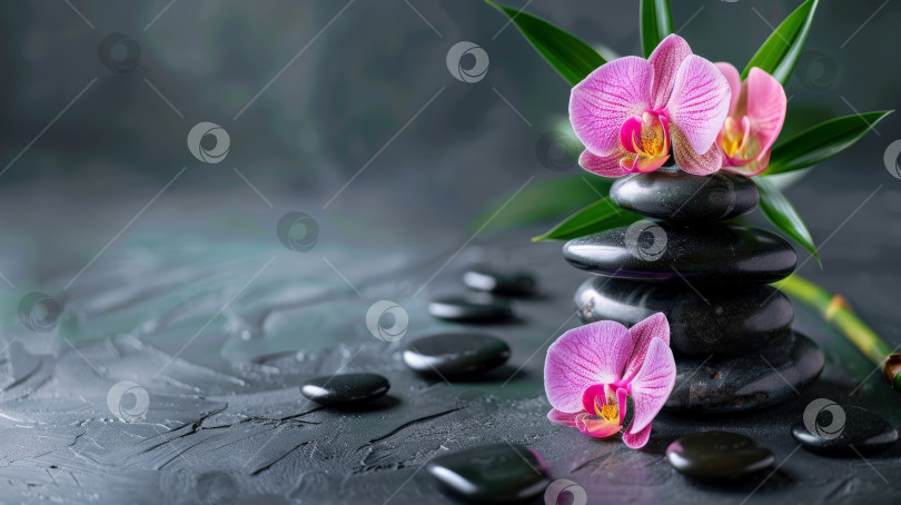 Скачать Фиолетовая орхидея сидит на вершине груды черных камней фотосток Ozero