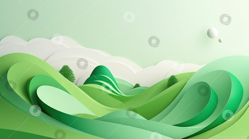 Скачать Вырезанный из зеленой бумаги пейзаж с холмами и горными изгибами. Созданный искусственный интеллект. фотосток Ozero