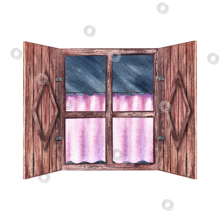 Скачать Окно. Винтажное окно в деревенском стиле с деревянными ставнями и розовыми занавесками. Акварельная иллюстрация ручной работы. Выделите ее. Для оформления детских игр, открыток, декора и полиграфии. фотосток Ozero