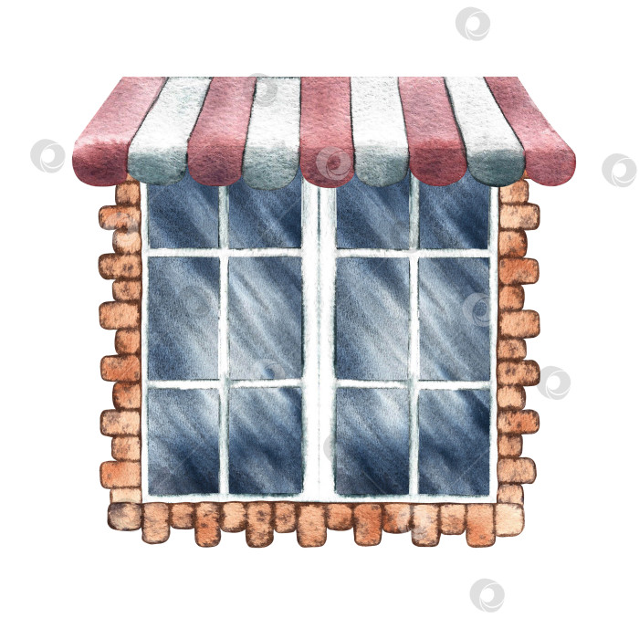 Скачать Окно выполнено в стиле ретро. Старое винтажное окно, обрамленное кирпичом. Над окном козырная карта. Акварельная иллюстрация, нарисованная от руки. Выделите ее. Элемент дизайна для домашних детских игр фотосток Ozero