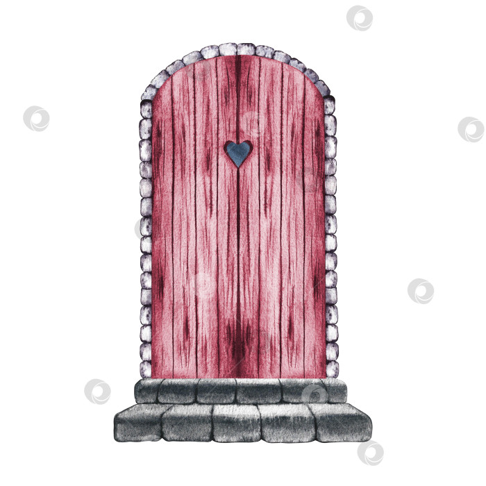 Скачать Дверь выполнена в стиле ретро. Розовая, винтажная арочная деревянная дверь с каменными ступенями. Акварельная иллюстрация, выполненная вручную. Выделите ее. Элемент дизайна для дома, детских игр, открыток и декора. фотосток Ozero