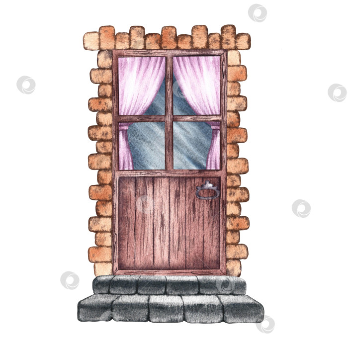 Скачать Дверь в стиле ретро. Винтажная деревянная дверь с розовыми занавесками и каменными ступенями. Акварельная иллюстрация, выполненная вручную. Выделите ее. Элемент дизайна для дома, детских игр, открыток и декора. фотосток Ozero