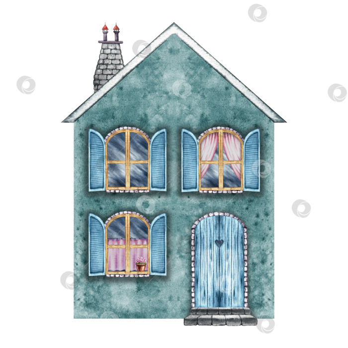 Скачать Старинный европейский дом, сказочный, милый, голубой двухэтажный домик в винтажном стиле. Акварельная иллюстрация выполнена от руки. Изолировать. Для принтов, детских игр, открыток, упаковки, скрапбукинга фотосток Ozero