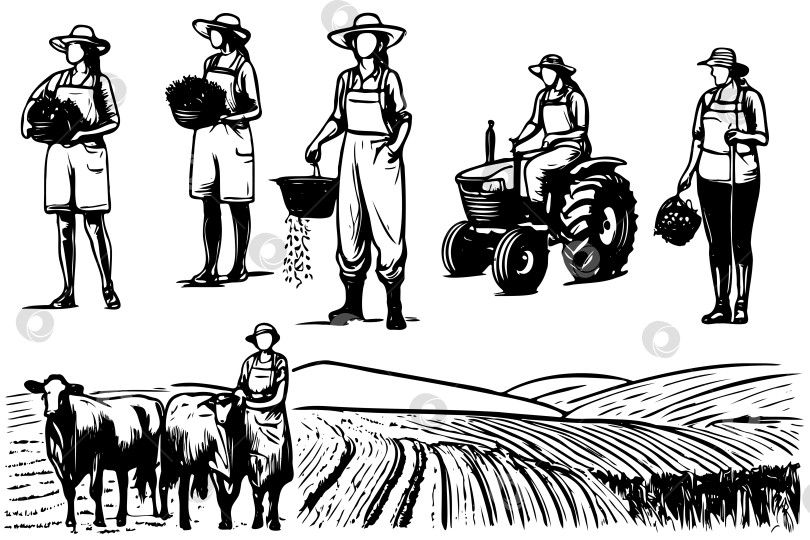 Скачать Серия рисунков, изображающих работников фермы в различных позах фотосток Ozero