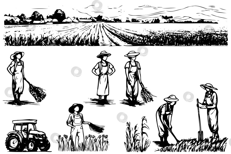 Скачать Серия рисунков, изображающих людей, работающих в поле фотосток Ozero