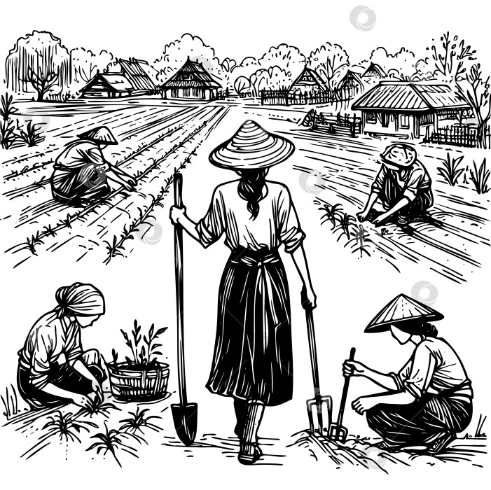 Скачать Рисунок, на котором изображена женщина в соломенной шляпе и юбке, работающая в поле фотосток Ozero