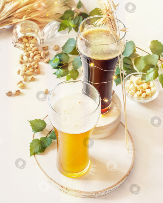Скачать Два бокала холодного светлого и темного нефильтрованного пива, фисташки, колосья пшеницы и зеленые листья на белом фоне фотосток Ozero