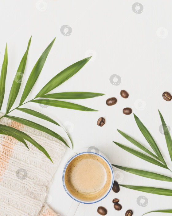 Скачать Чашка кофе, вязаный свитер, пальмовые листья и кофейные зерна на белом фоне фотосток Ozero