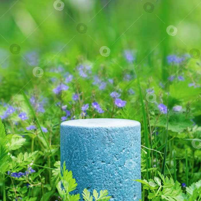 Скачать Пьедестал из голубого камня среди травы и цветов для демонстрации косметики и полезных для здоровья товаров фотосток Ozero