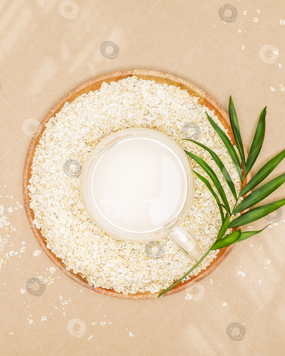Скачать Стеклянный стакан овсяного молока с овсяными хлопьями на деревянной тарелке и пальмовом листе фотосток Ozero