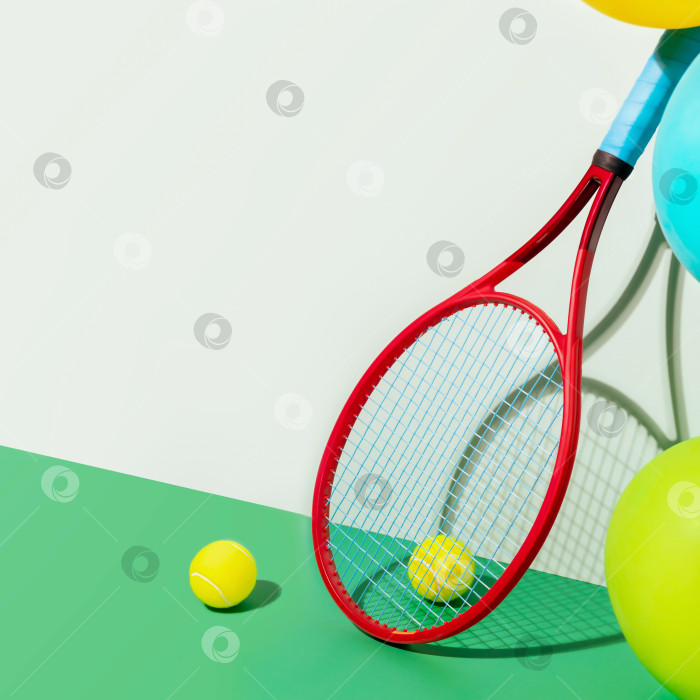 Скачать Красная ракетка, желтые теннисные мячи и разноцветные воздушные шары на сине-зеленом фоне фотосток Ozero
