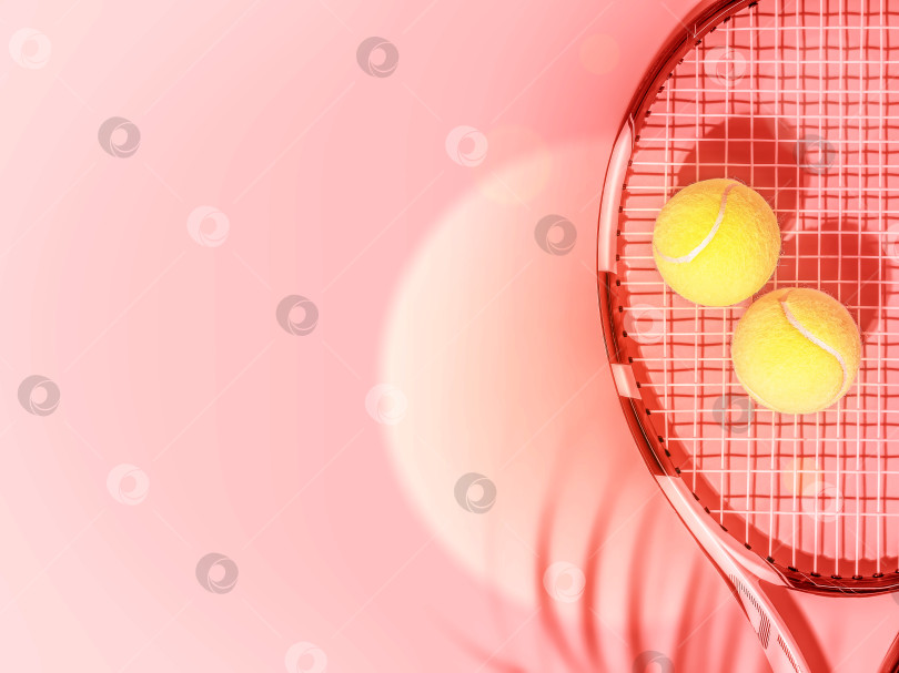 Скачать Желтые теннисные мячи и ракетка на розовом вечернем фоне с пространством для копирования фотосток Ozero