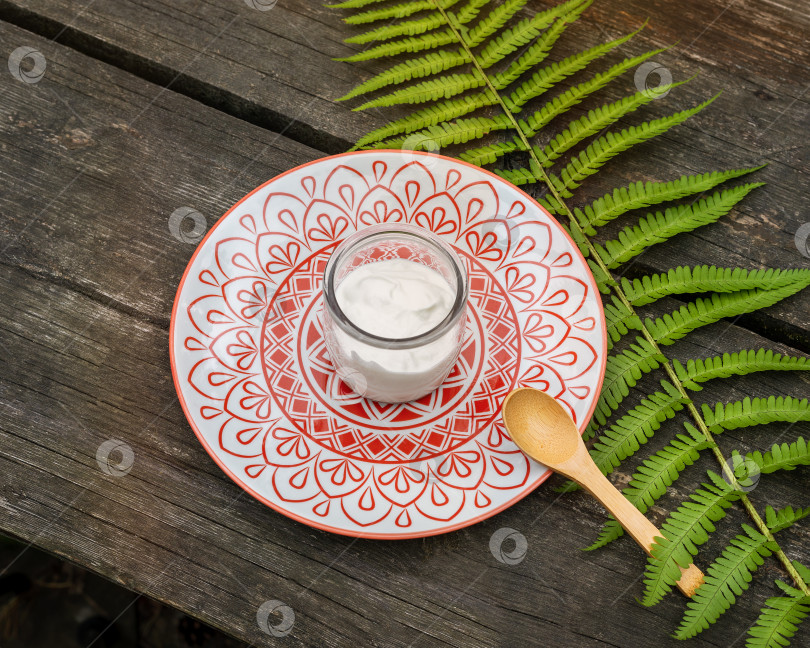 Скачать На деревянном столе оставляют натуральный домашний йогурт и листья папоротника фотосток Ozero