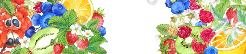 Скачать Акварельный дизайн баннера для меню кафе органической кухни. Натуральные свежие фрукты и ягоды. Горизонтальная композиция из гуараны, лимона, апельсина, клубники, малины, черники. фотосток Ozero