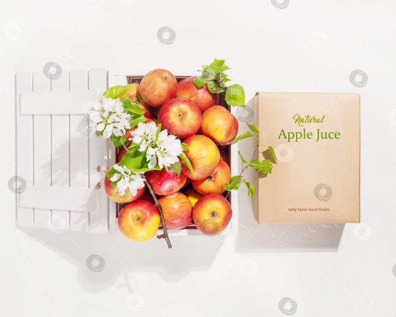 Скачать Натуральные яблоки в деревянной упаковке и яблочный сок в картонной коробке фотосток Ozero