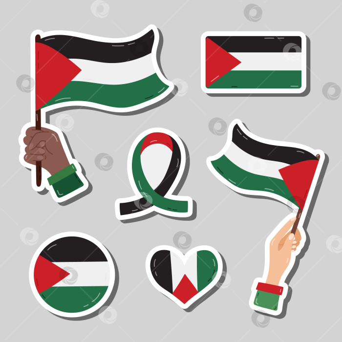 Скачать Набор наклеек с флагами Палестины и Газы с нарисованными от руки иллюстрациями. Готов к печати список симпатичных наклеек с изображением флага в руке, флага в форме ленты, сердца, круга. Освободите Палестину и спасите Газу. фотосток Ozero
