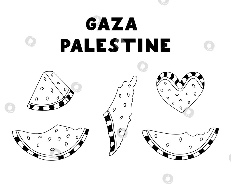Скачать Нарисованный от руки набор каракулей с разными ломтиками арбуза в качестве символа палестинского сопротивления. Нарисуйте арбуз в форме сердца, ломтик, карту Израиля и Газы. Концепция "Спасем Палестину и освободим Газу". фотосток Ozero