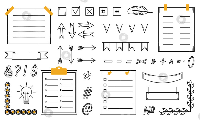 Скачать Элементы маркированного журнала, нарисованные от руки. Планирование, напоминания, органайзер. Контур. Вектор. фотосток Ozero