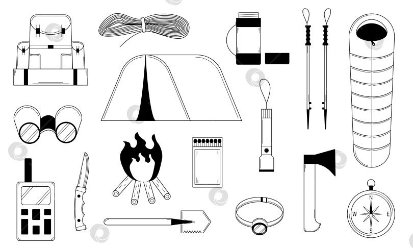 Скачать Нарисованный вручную набор снаряжения для пеших прогулок и туризма. Активный вид отдыха. Контур. Вектор фотосток Ozero