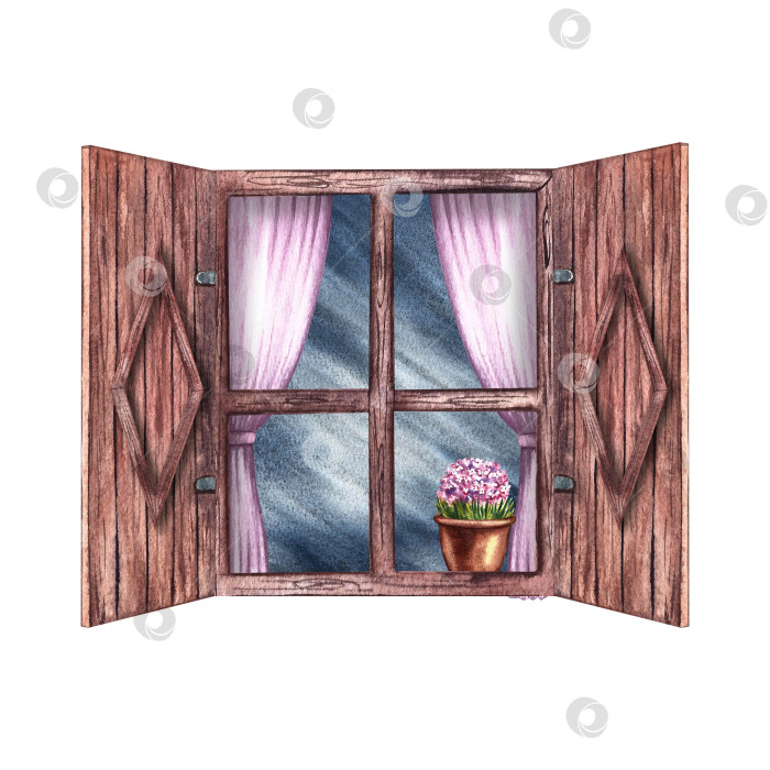 Скачать Окно. Винтажное окно в деревенском стиле с деревянными ставнями и розовыми занавесками. С цветком на подоконнике. Акварельная иллюстрация ручной работы. Выделите ее. Для оформления детских игр, открыток. фотосток Ozero