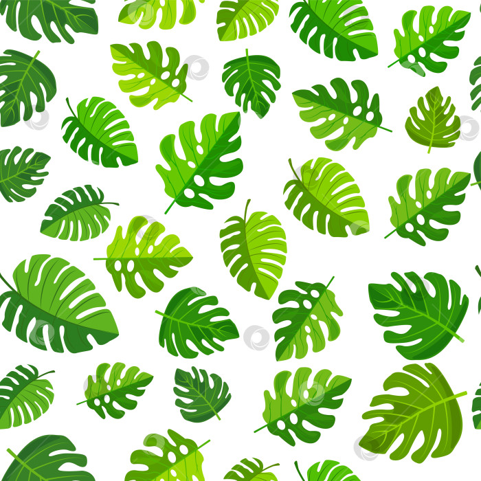 Скачать бесшовный узор из ярких зеленых листьев на белом фоне. Различные формы и размеры листьев создают свежий, естественный и тропический вид, идеально подходящий для экологически чистых или ботанических проектов. фотосток Ozero
