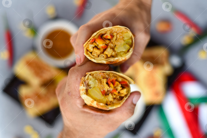 Скачать Руки держат вегетарианские мексиканские буррито с картофелем, тофу, рисом, которые подаются с соусом бррача фотосток Ozero