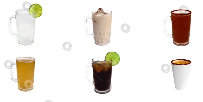 Скачать Набор или коллаж из 6 латиноамериканских и мексиканских напитков на белом фоне фотосток Ozero