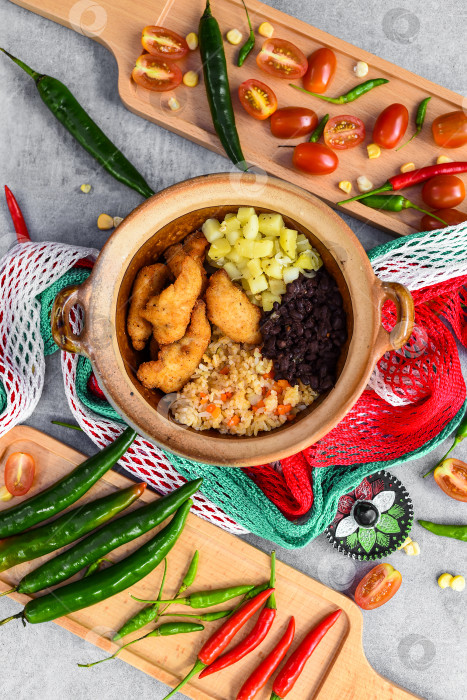 Скачать Традиционное мексиканское блюдо "Казуэла" с жареной курицей, фасолью, рисом и картофелем фотосток Ozero