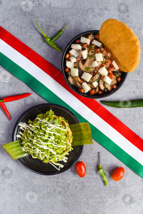 Скачать Мексиканские блюда Рома и койоакан на черных тарелках, вид сверху, с помидорами черри и перцем чили фотосток Ozero