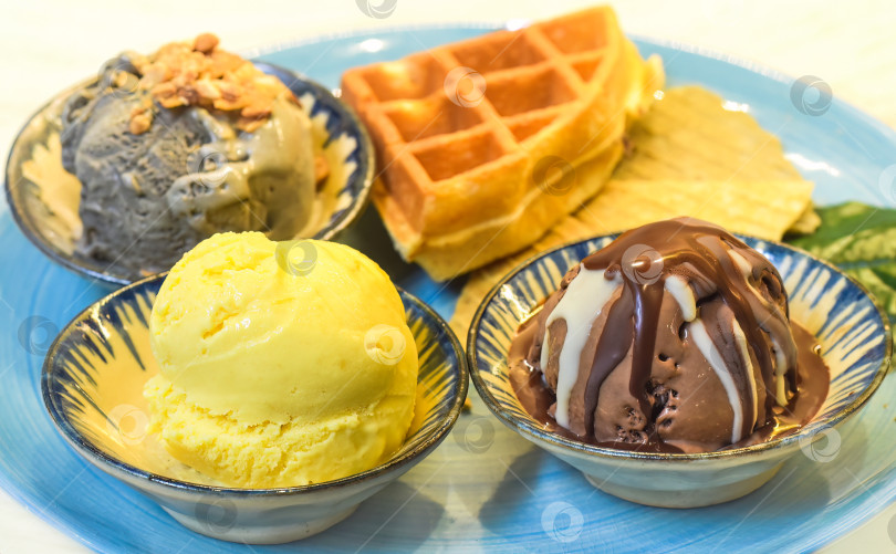 Скачать Домашнее мороженое с вафлями на тарелке и шоколадным сиропом фотосток Ozero