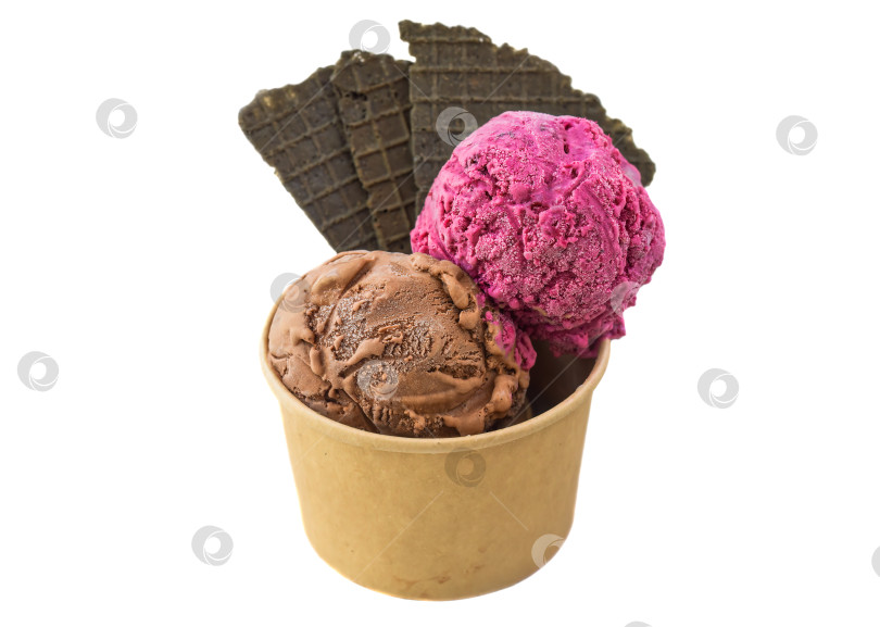 Скачать Две порции домашнего мороженого с тирамису и гибискусом на белом фоне фотосток Ozero
