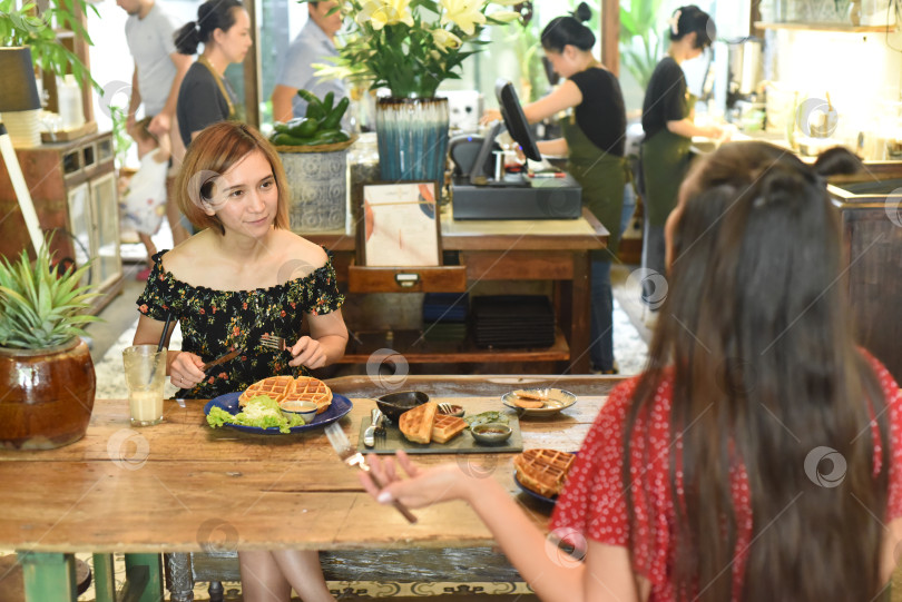 Скачать Молодые женщины болтают и едят вафли в кафе фотосток Ozero