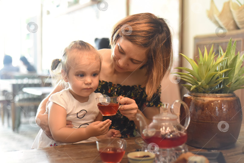 Скачать Молодая женщина с маленькой девочкой пьют чай из чайника в кофейне фотосток Ozero