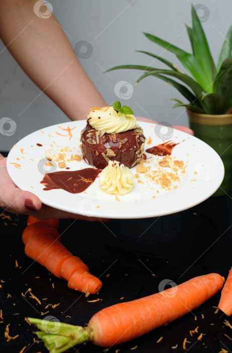 Скачать Руки держат тарелку с морковно-шоколадным тортом фотосток Ozero