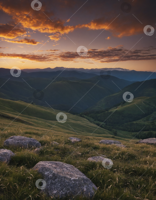 Скачать Зеленые горы на закате. Нейросетевая генерация. фотосток Ozero