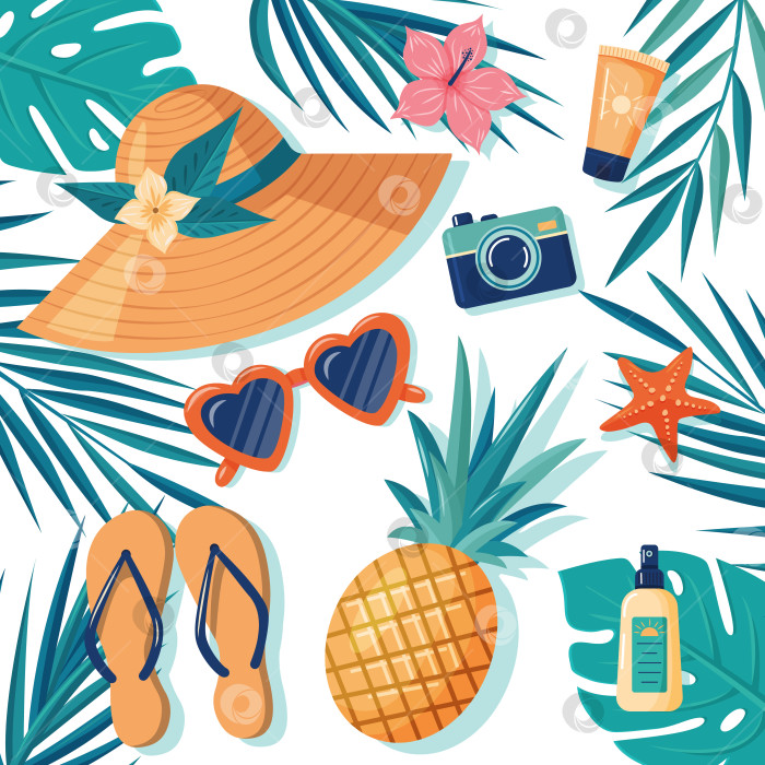 Скачать Тропическая сцена в шляпе, солнечных очках и с ананасом фотосток Ozero