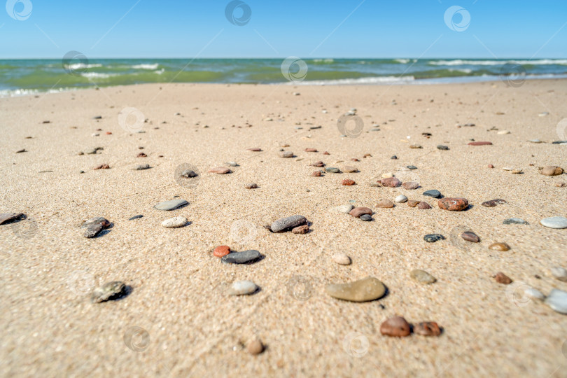 Скачать разноцветная галька на песчаном пляже у моря фотосток Ozero