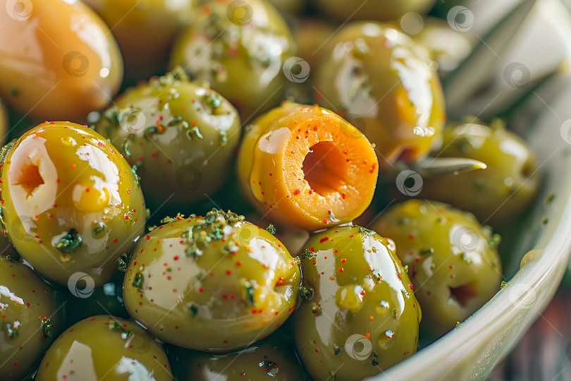 Скачать Крупный план спелых зеленых оливок со специями. Здоровое питание, средиземноморская кухня. Создан искусственный интеллект. фотосток Ozero