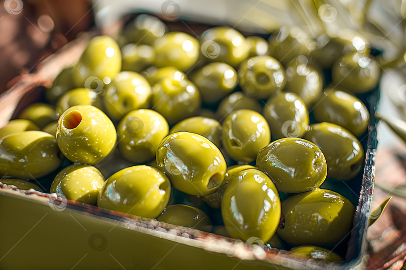Скачать Крупный план спелых зеленых оливок со специями. Здоровое питание, средиземноморская кухня. Создан искусственный интеллект. фотосток Ozero