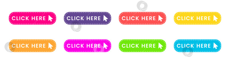Скачать Нажмите здесь на красочный набор кнопок. веб-иконки выделены на белом фоне. фотосток Ozero