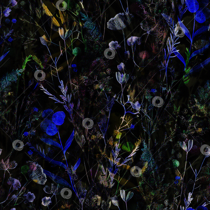 Скачать Сухие гербарные растения бесшовный узор с цветами и листьями на черном фоне реалистичная иллюстрация фотосток Ozero