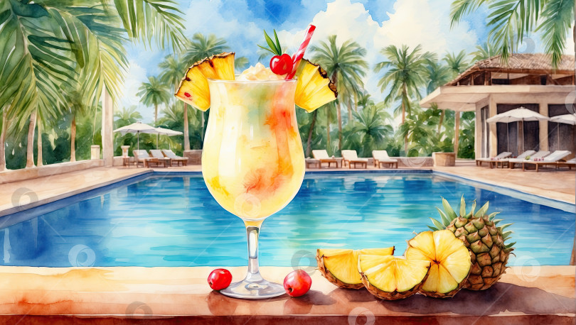 Скачать Фруктовый коктейль, акварельная иллюстрация коктейля на тропическом пляже на фоне бассейна отеля, с фруктами и ананасами. Создан с помощью искусственного интеллекта фотосток Ozero