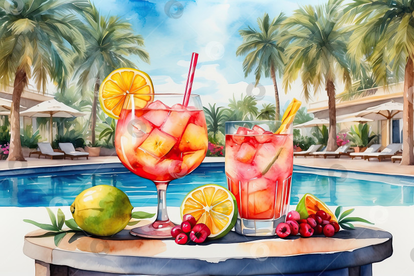 Скачать Фруктовый коктейль, акварельная иллюстрация шейка на тропическом пляже на фоне бассейна отеля, с аксессуарами, солнцезащитными очками, шляпой, соломинкой, ананасом. Создан с помощью искусственного интеллекта фотосток Ozero