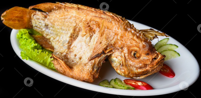 Скачать Рыба, запеченная в кляре с овощами и зеленью на белом блюде на черном фоне, вид сбоку фотосток Ozero