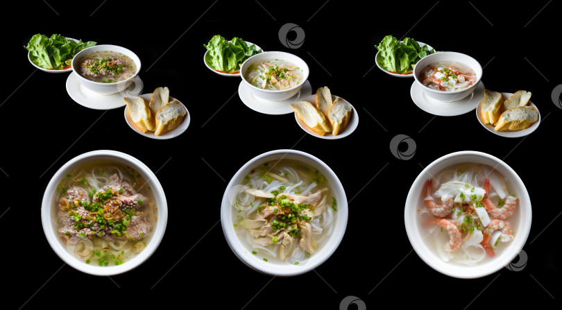 Скачать Набор или коллаж из традиционных вьетнамских супов Фо с курицей, морепродуктами и говядиной (фо га, фо бо, фо хай сан) фотосток Ozero